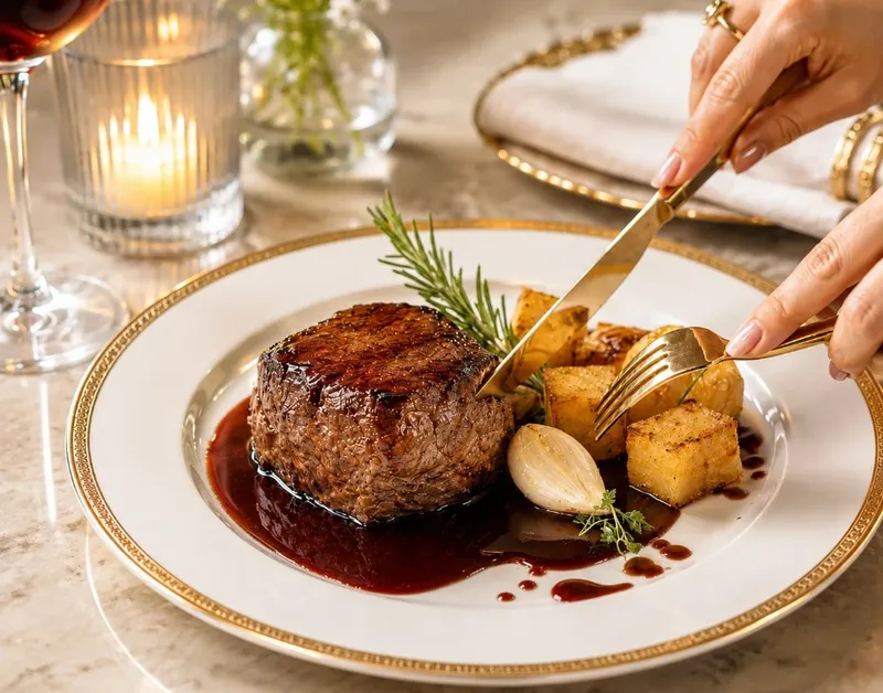 Filé ao molho de vinho servido em louça com friso dourado
